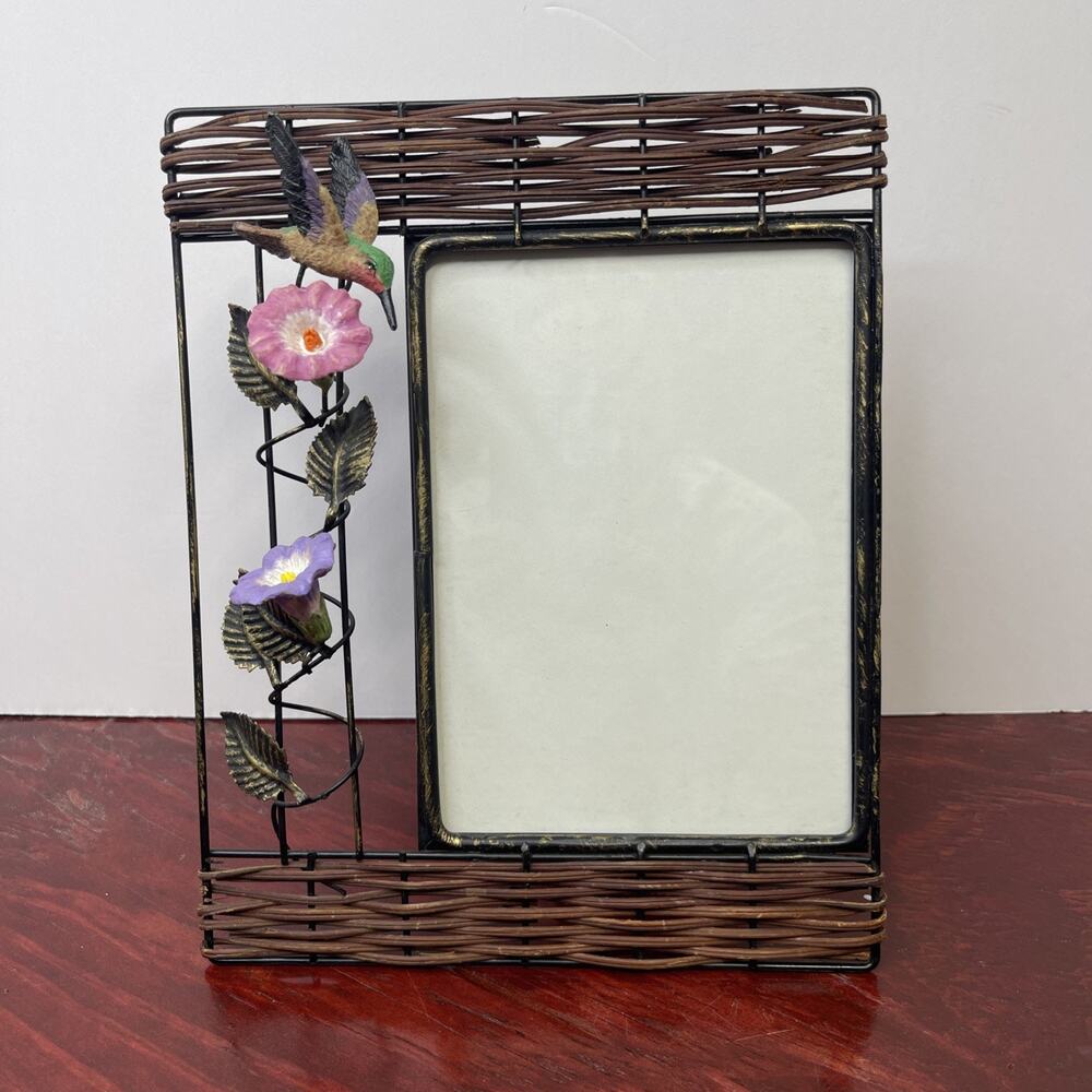 Ceramic Hummingbird Flower 5 X 7 Picture Frame Woven Metal Framed